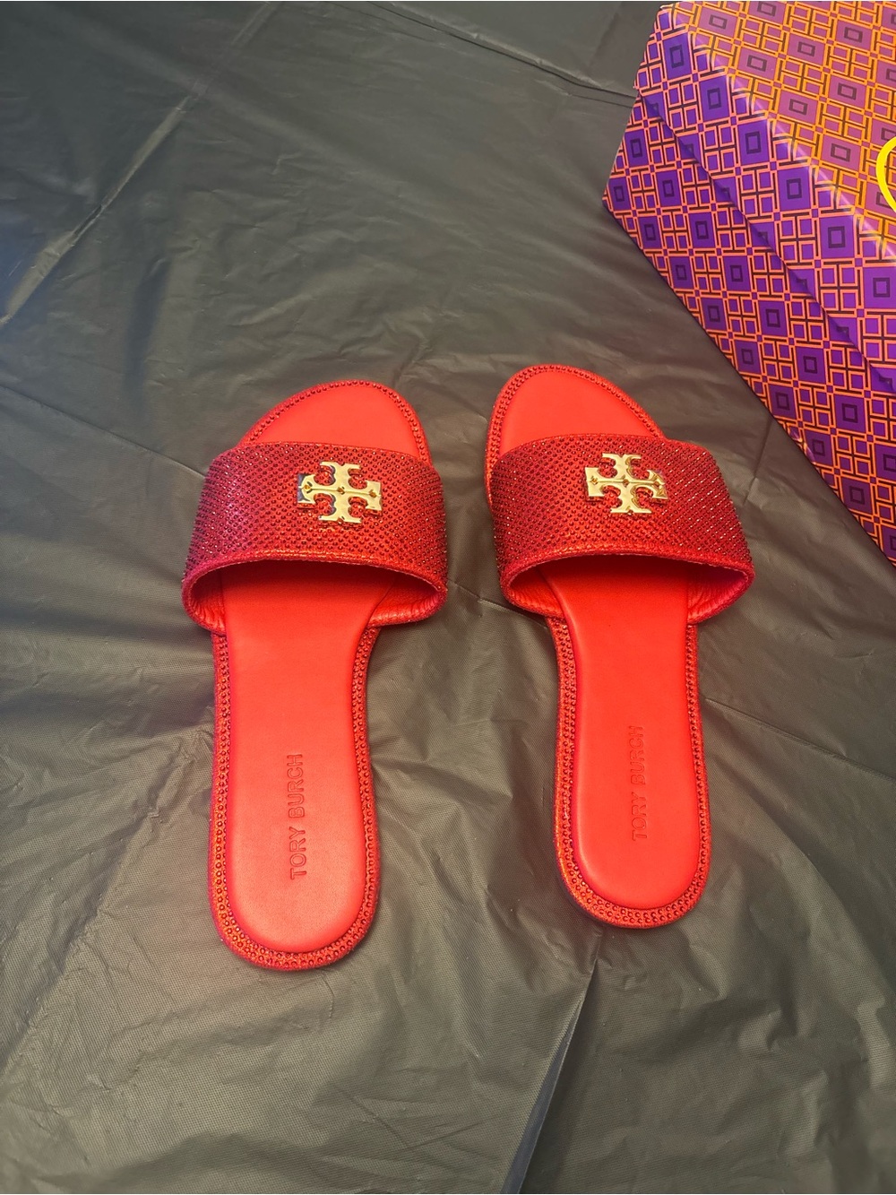 Tory Burch Red Slide Sandals with Gold Logo Accent